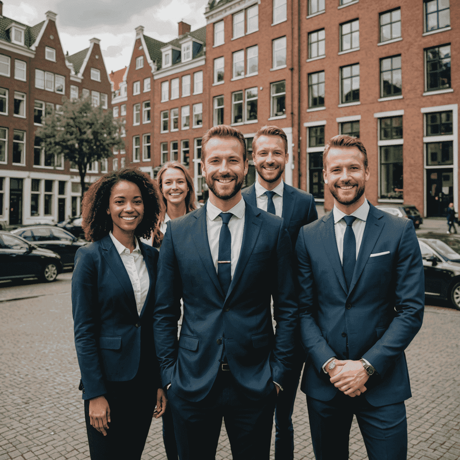 Het DriveCarLoa-team staat voor het kantoorgebouw in Amsterdam. Een diverse groep professionals in zakelijke kleding glimlacht naar de camera, met op de achtergrond een karakteristiek Amsterdams grachtenpand.