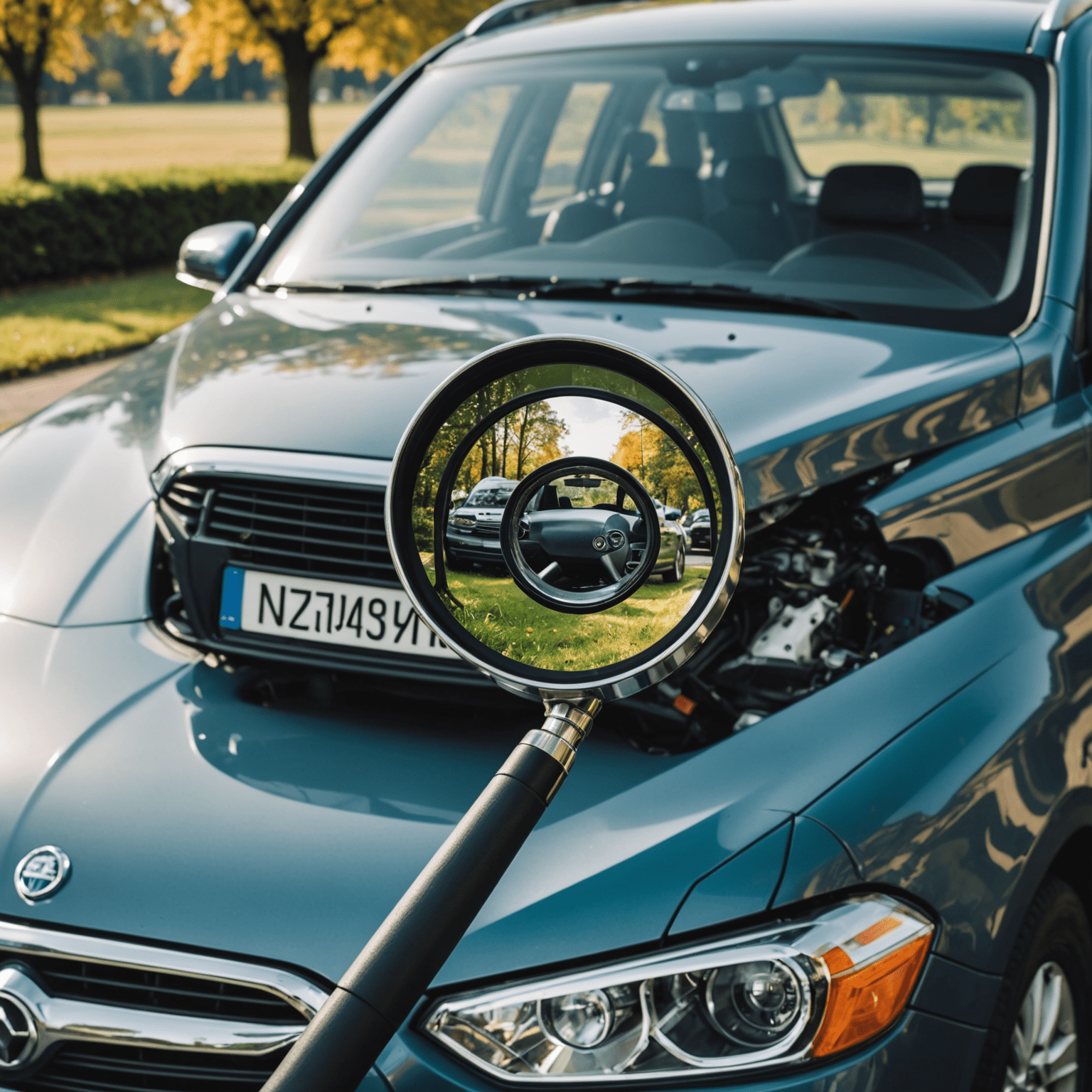 Een afbeelding van een auto met een vergrootglas eroverheen, wat symboliseert het zoeken naar verborgen kortingen op autoverzekeringen