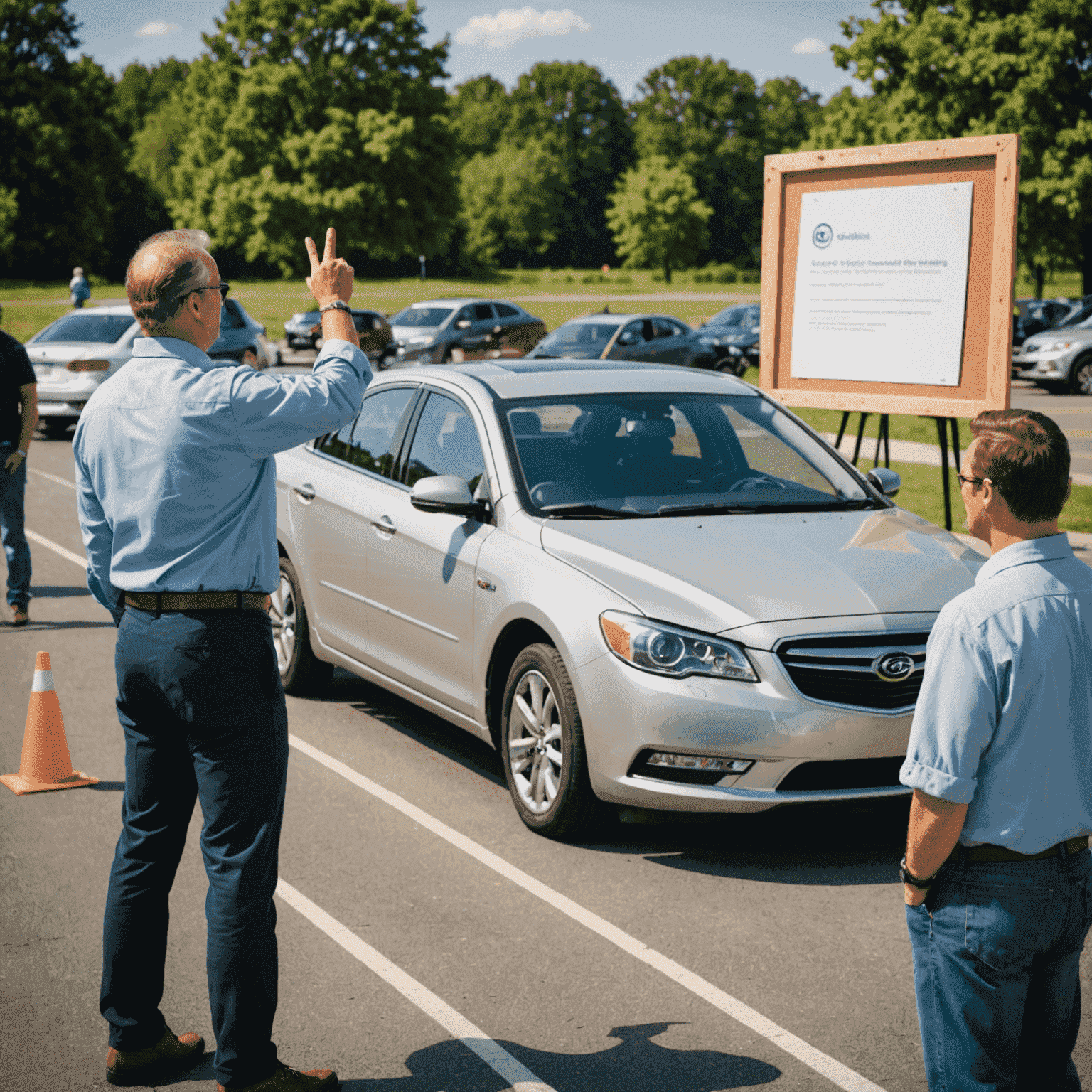 Een groep mensen die deelnemen aan een defensieve rijcursus, met een instructeur die wijst naar een bord met veiligheidstips en een auto op de achtergrond