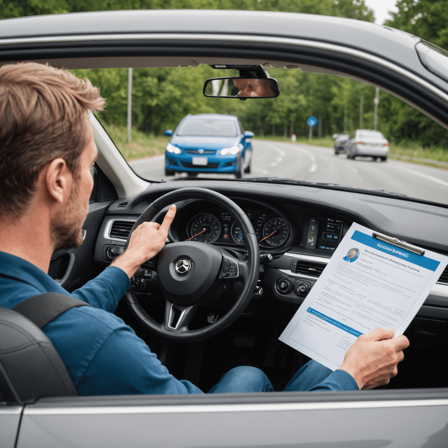 Een afbeelding van een persoon die een defensieve rijcursus volgt, met een instructeur die aanwijzingen geeft in een auto